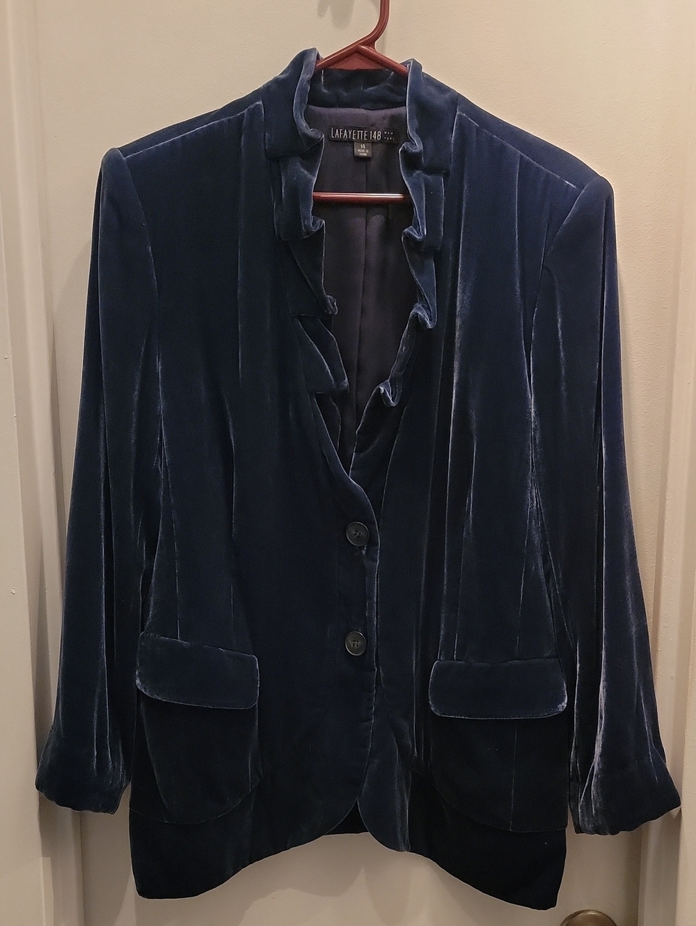 Lafayette 148 New York Navy Velvet Ruffle-Front Blazer